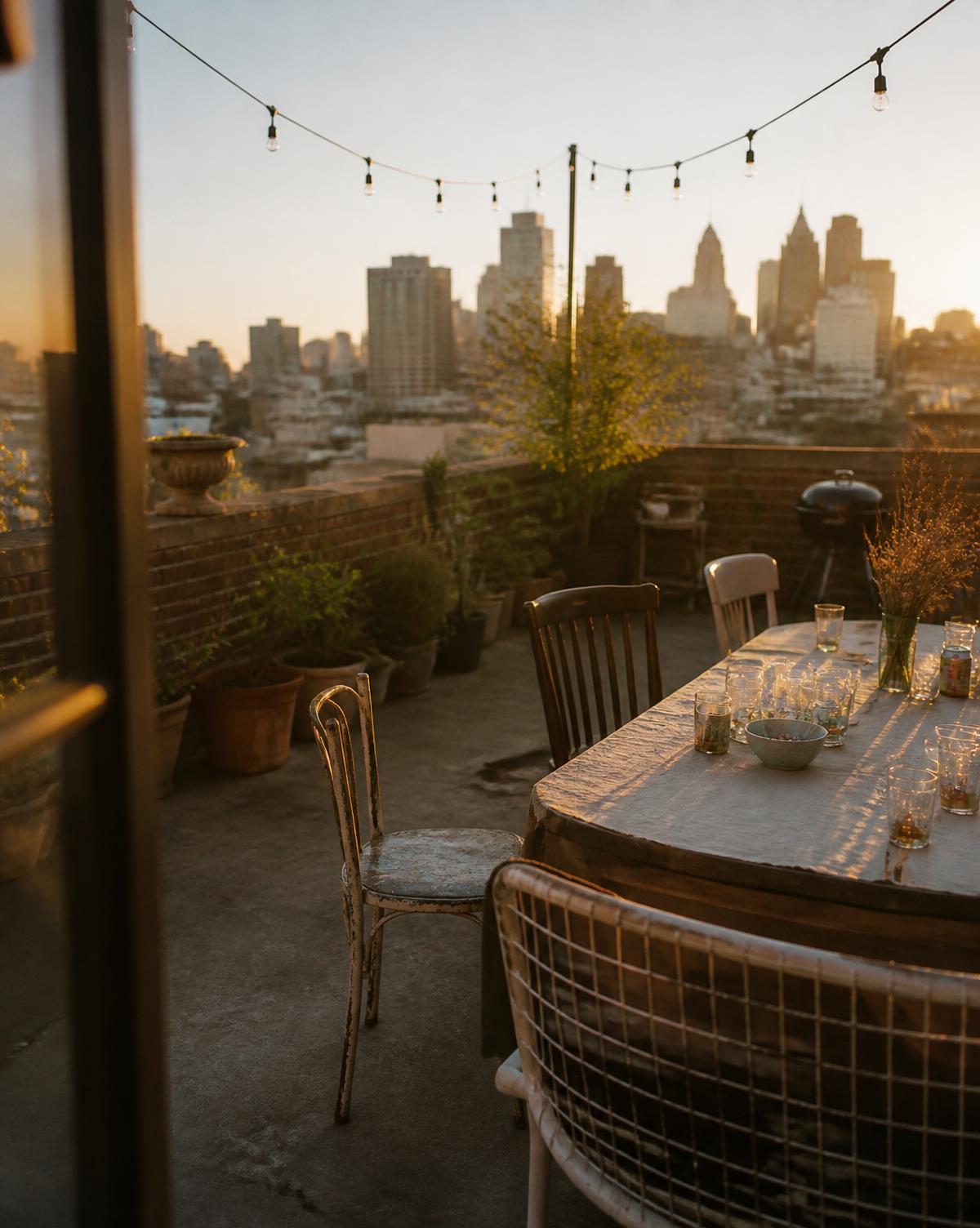 Rooftop private party space lit with string lights at dusk